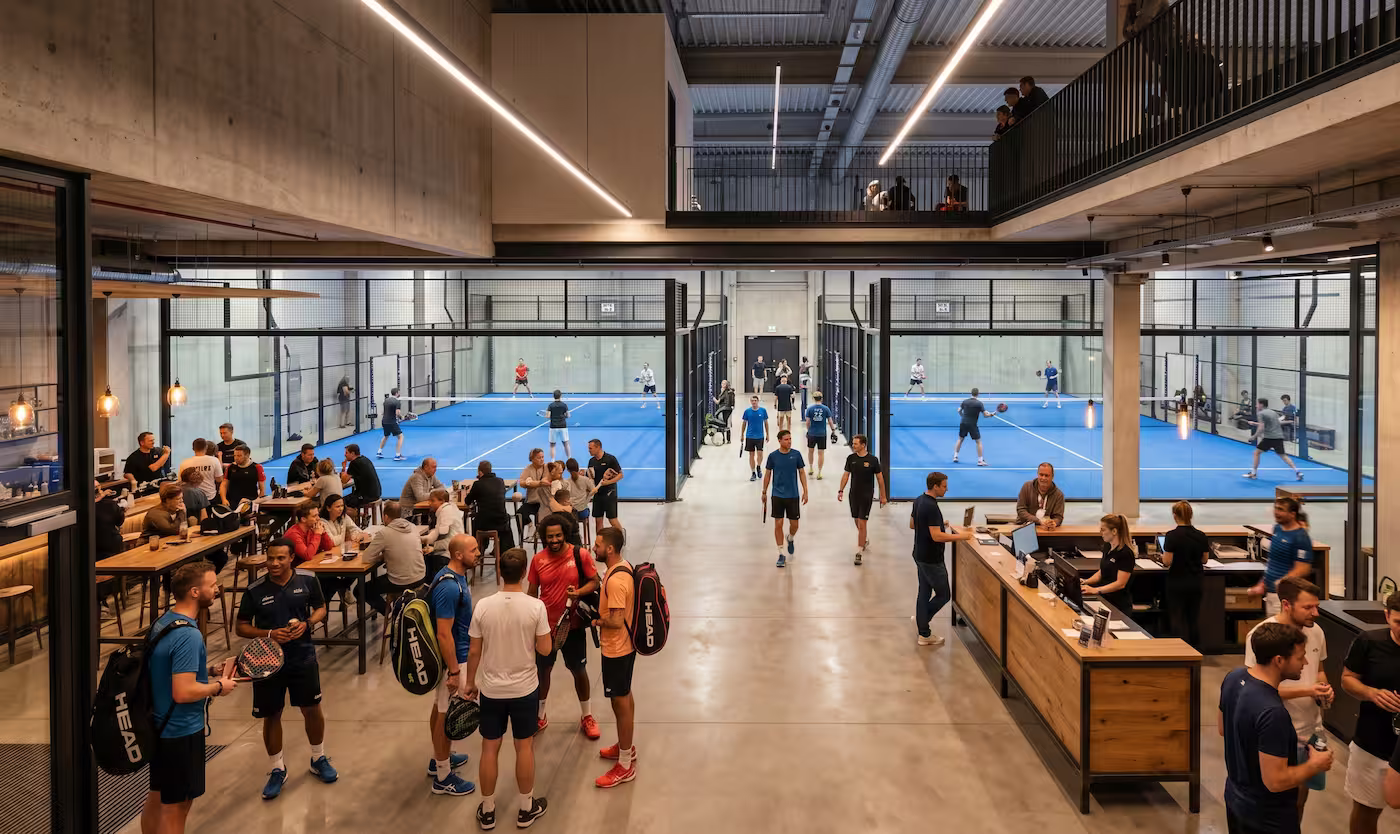 Modernes Padel-Club-Foyer mit mehreren belegten Courts