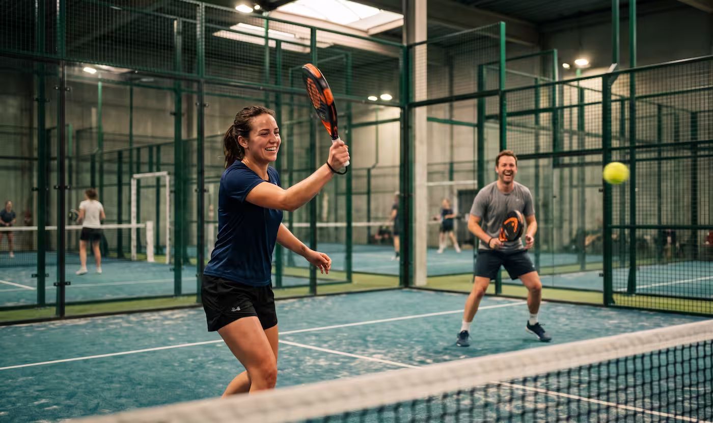 Zwei Padel-Spieler im Doppel auf einem Indoor-Court
